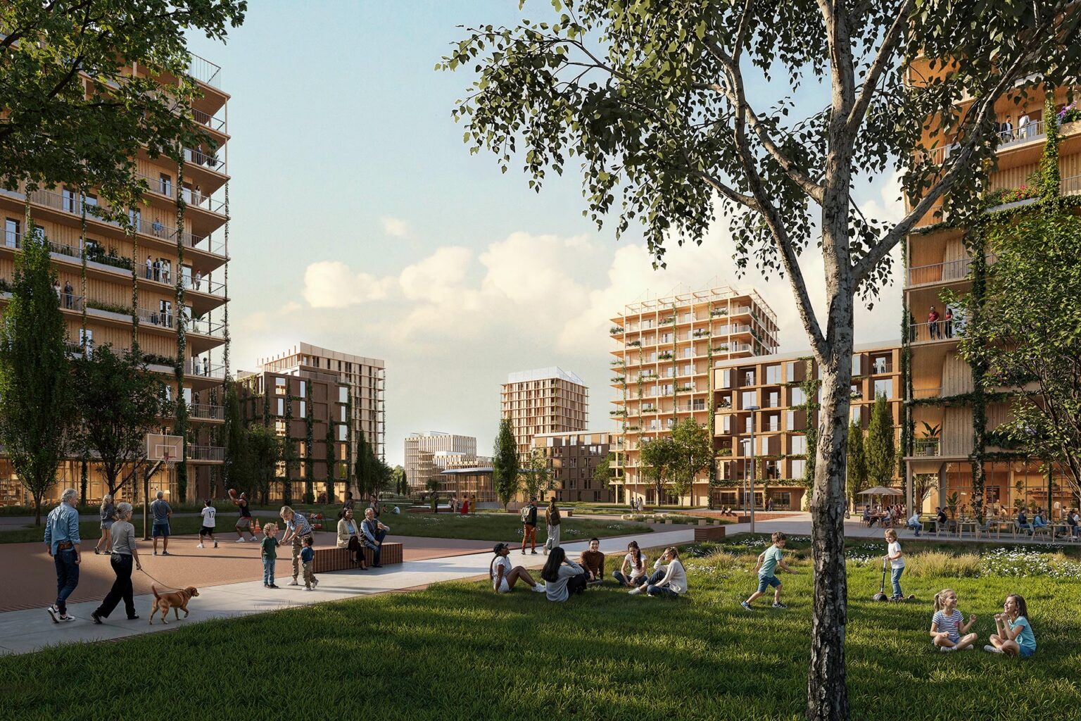 Visualisierung eines begrünten Stadtquartiers mit modernen Wohngebäuden, Parkflächen, Bäumen und zahlreichen Menschen im öffentlichen Raum.