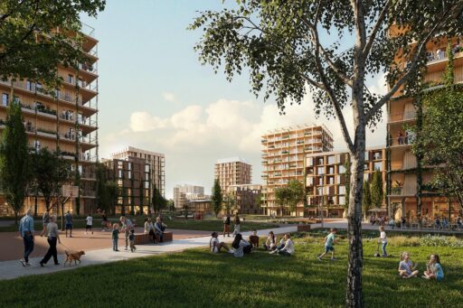 A visualization of a green urban neighborhood featuring modern residential buildings, parking areas, trees, and numerous people in public spaces.