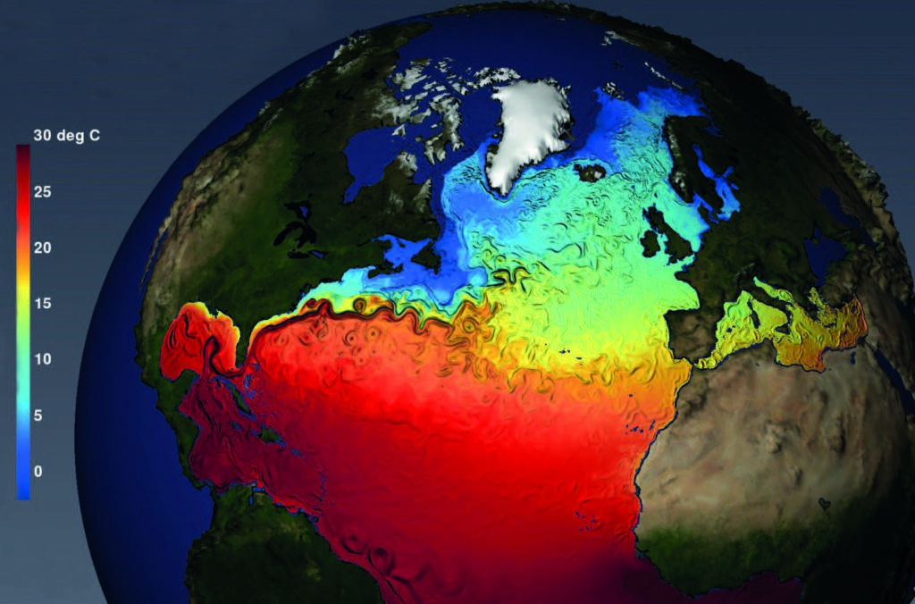 Die wissenschaftliche Grafik zeigt eine heiße Zone im Ozean zwischen Afrika und Amerika.