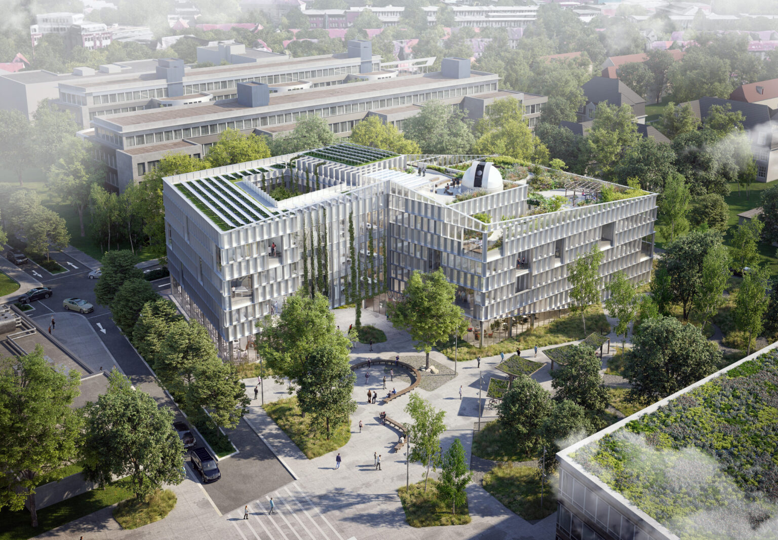 Visualisierung des Forschungsbaus HAFUN der Universität Hamburg, umgeben von Bäumen und Grünflächen