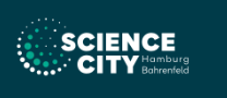Logo auf der Webseite: dunkelgrüner Hintergrund, in weißer Schrift steht Science City Hamburg Bahrenfeld.