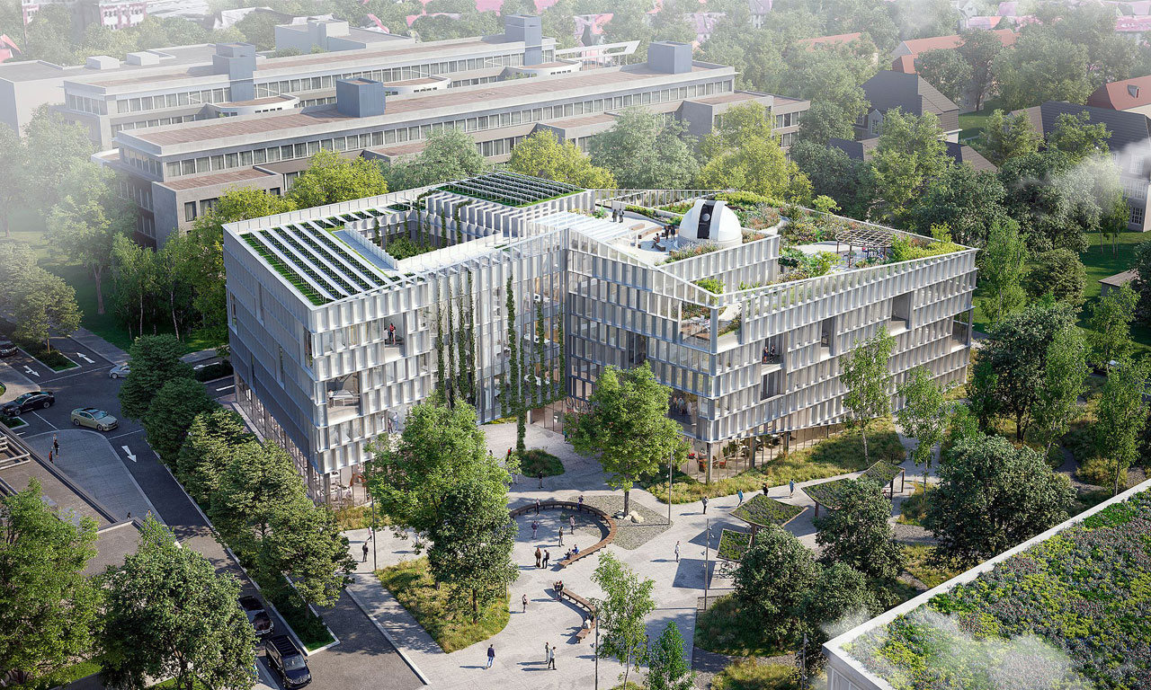 Visualization of the HAFUN research building at the University of Hamburg, surrounded by trees and green spaces