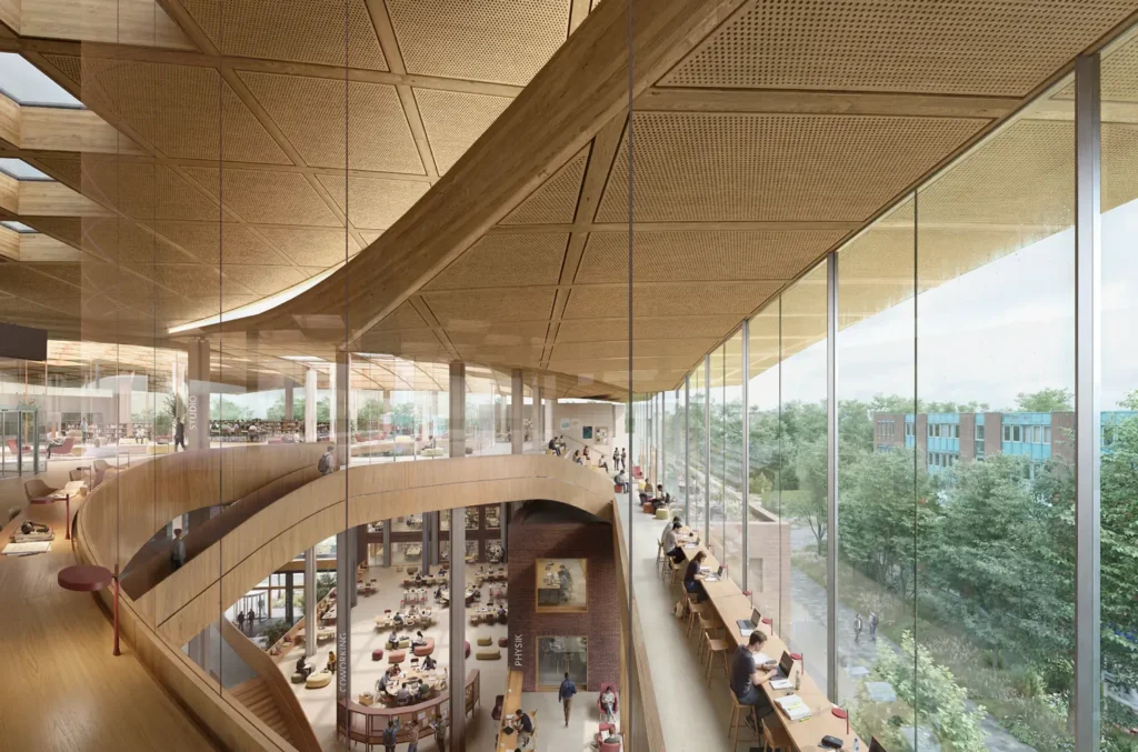 A bright interior with lounge and study areas, as well as a café.
