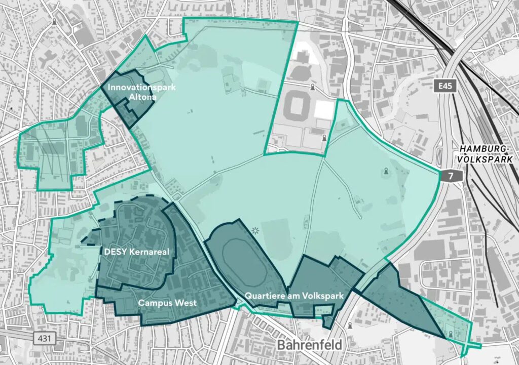 Eine Karte mit den verschiedenen Quartieren der Science City Hamburg Bahrenfeld, die in Grün hervorgehoben sind.