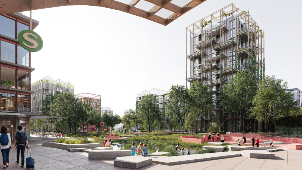 Visualisierung der S-Bahnstation in der Nähe eines belebten Parks.